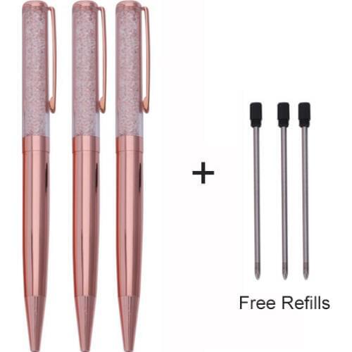 Rose Gold Pen Bling Crystal Ball Point Pen Black Ink Pen with 3 Extra Refills (Rose Gold 3 Pack)