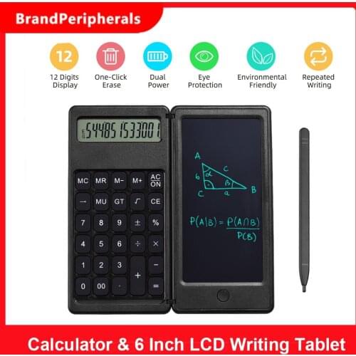 Foldable Calculator & 6 Inch LCD Writing Tablet Digital Drawing Pad 12 Digits Display with Stylus Pen Erase Button for Children