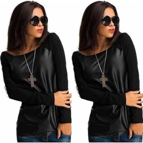 Hot New Fashion Women Summer Loose Top Long Sleeve Patchwork Spring O-Neck Ladies Casual PU Leather Tops Ladies T-Shirt S-XL