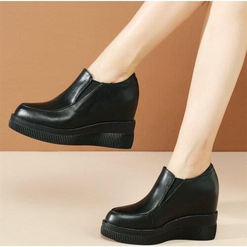 Chunky Platform Pumps Shoe Women Cow Leather Wedges High Heel Ankle Boots Female Mid Top Round Toe Fashion Sneakers Casual Shoes