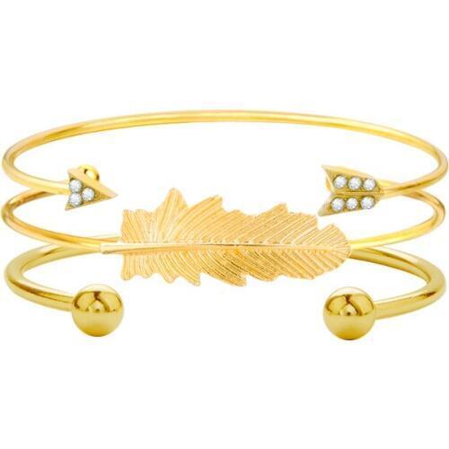 Pack of 3 personality bangle bracelet with leaf emboss and inlaid rhinestone arrow design in burnished in gold tone