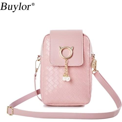 Buylor Women Mini Cross-Body Shoulder Bag Woven Pearl Tassel Cover Type Female Mobile Phone Bag Fashion Shoulder Diagonal Bag