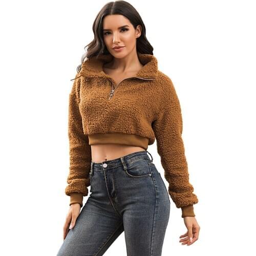 Womens warm woolen sweatshirts turtle neck with zipper short style winter autumn tops for ladies solid thick pullover clothes