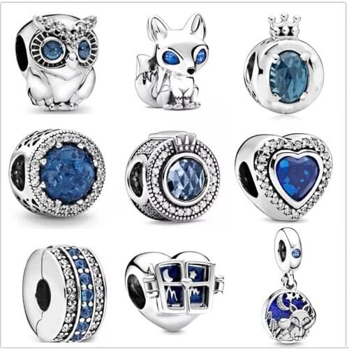 DoDoFly Authentic 925 Sterling Silver Shiny Sky Ocean Blue Fox Owl Bead Fit Original Bracelet For Women DIY Fashion Jewelry
