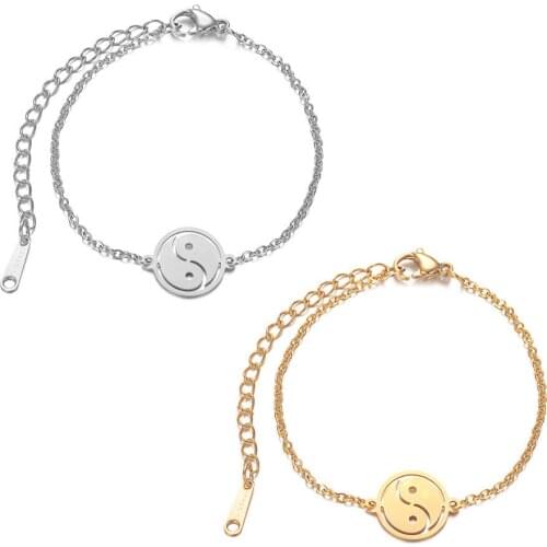 2019 Titanium Stainless Steel Tai Chi Yin Yang Charm Bracelets Gold Steel Tone Adjustable Link Chain Lobster Clasp Women Bangle