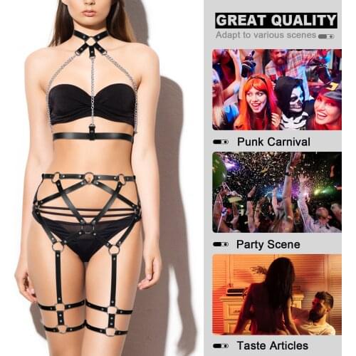 Gothic Choker Bondage Chest Chain Cage 2-Piece Set Erotic Lingerie Body Chain Halloween Rave Women Sexy Bra Garter Belt Costumes
