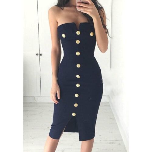 Fashion Navy Blue Single Breasted Knee-Length Dress Women 2019 Summer Sleeveless Strapless Solid Dresses