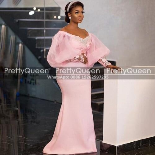 Aso Ebi Women Mermaid Prom Dresses With Long Bishop Sleeves Appliques Beads Peach Floor Length Pageant Dress Party
