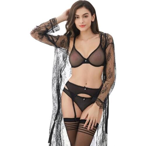 Ladies sexy see through ultra thin breathable solid color underwear lace robe nightgown lingerie bra+garter+thong+stockings+robe