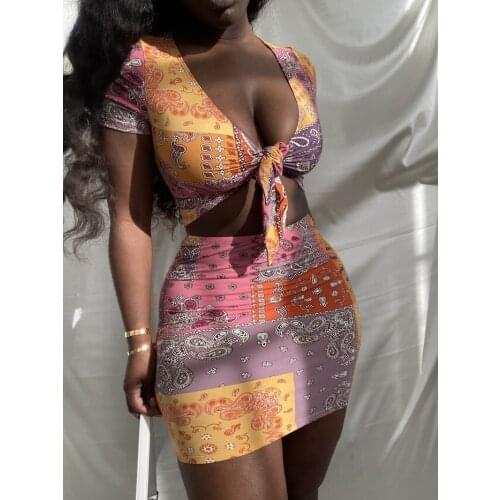 CHRONSTYLE Vintage Print Color Patchwork 2pcs Women Suit 2021 Deep V-neck Knotted T-shirt Cropped High Waist Mini Pencil Skirts