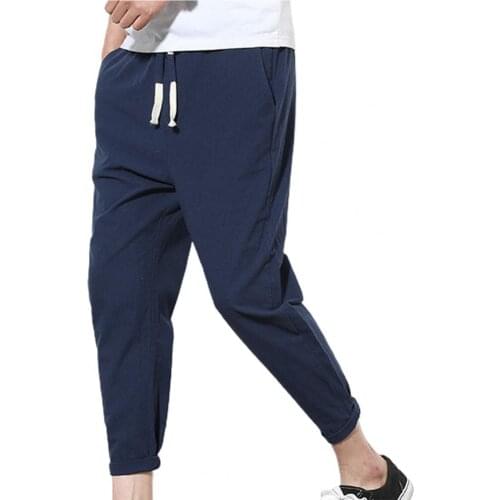 Men Pants Solid Color All Match Elastic Waist Pockets Drawstring Oversize Pants Trousers Straight Loose Summer Joggers Pants