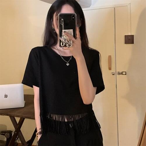 Tassel Black Summer T-Shirts Women O-Neck Short Sleeve Casual Vintage Shirts Tops Loose Sexy Streetwear Korean Cotton White