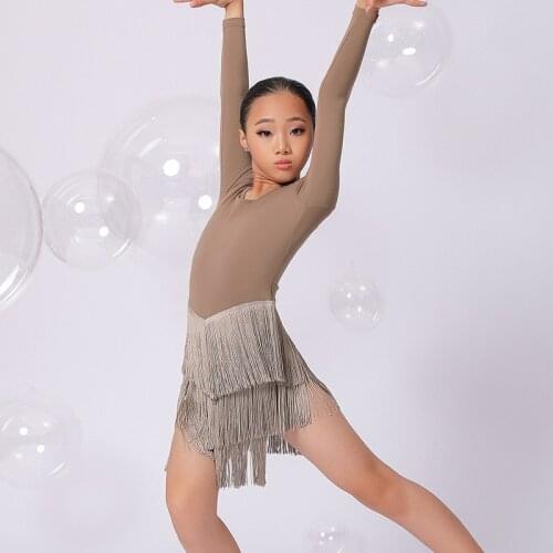 Latin Dance Fringed Dress Girls ChildrenS Long-Sleeved Practice Dress Latin Performance Clothes Chacha Samba Dan cewear SL4512