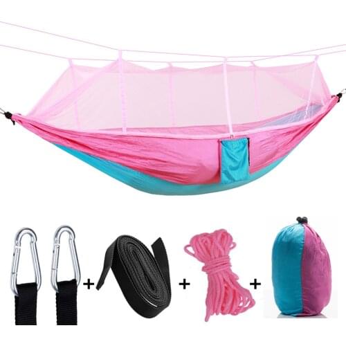 Double Camping Hammock with Mosquito Net Outdoor Lightweight Nylon Parachute Fabric Multifunctional with Tree Straps