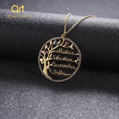 Statement family tree Crystal necklace Iced Out custom name Birth Stone choker Gold stainless steel jewelry personalized Gift