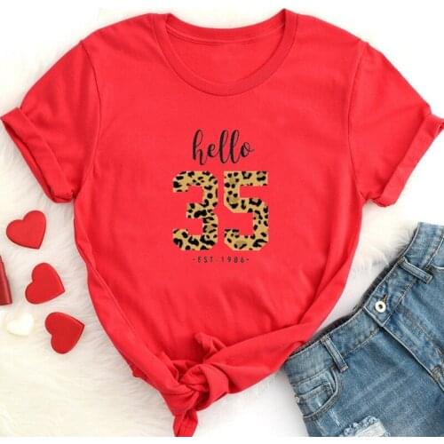 Hello 35 Birthday Tshirt Leopard 1986 Leopard 35th Short Sleeve 100%cotton harajuku Give gifts Girl Top Streetwear Drop shipping