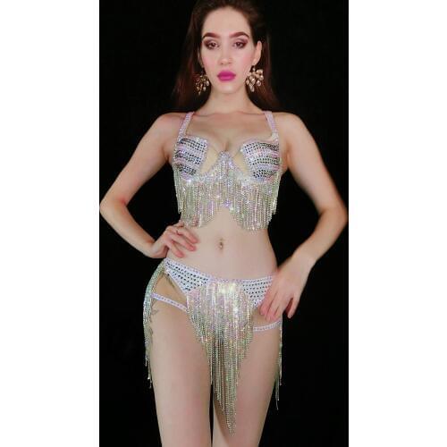 Silver Crystals Chains Bikini Costume Bling Stage Dancewear Shining Rhinestone Bikini Tassel Sexy Party costumes Bra Short Set