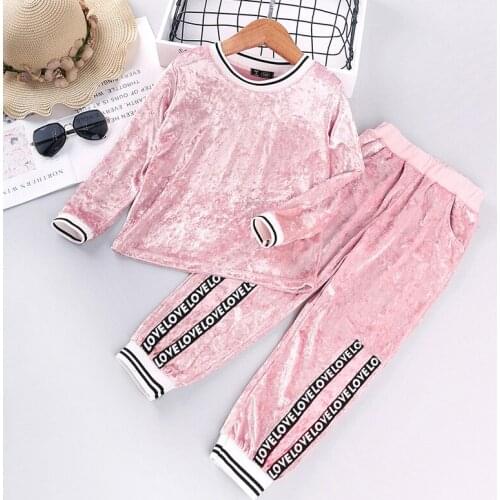 Girls Fashion Sports Suits Long-Sleeves 18Months - 7Years Children Spring Autumn Sets Sweet Pink Golden Velvet Sweater Outsuit