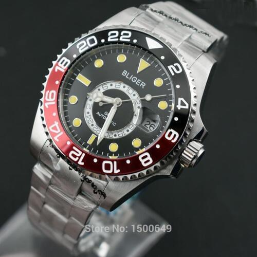 43mm BLIGER new black-red Ceramic Rotate Bezel black dial with yellow beads function date automatic mens watches