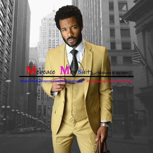 Mens Slim Suits Fashion Yellow 3 Piece Sets Wedding Groom Tuxedo Formal Business Blazer Costume Ensembles Homme Jacket+Vest+Pant