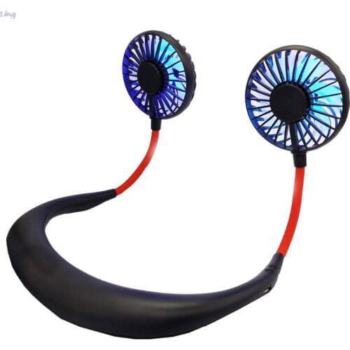 2019 New Mini Portable LED Light USB Rechargeable Fan Neck Hanging Style Dual Cooling Lazy Fan for Student Home School Use Suppl