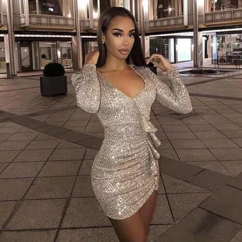 Ruffles Sequined Mini Party Dress Women Summer 2021 Casual Bodycon Sexy V Neck Long Sleeve Nightclub Vestidos Femme Robe D8765