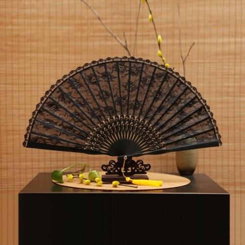 Wholesale Free / Drop Shipping 100pcs/lot Battenburg Lace Fans Black Folding Bamboo Fan Dance Fans Party Supplies For Gift