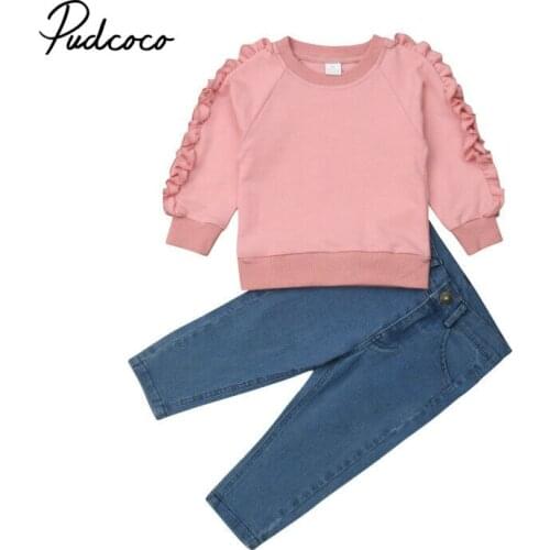 1-6Y Toddler Kid Baby Girls Autumn Winter Clothes Sets Pink Long Sleeve Ruffles Decor Tops + Denim Pants Jeans Outfit Tracksuit