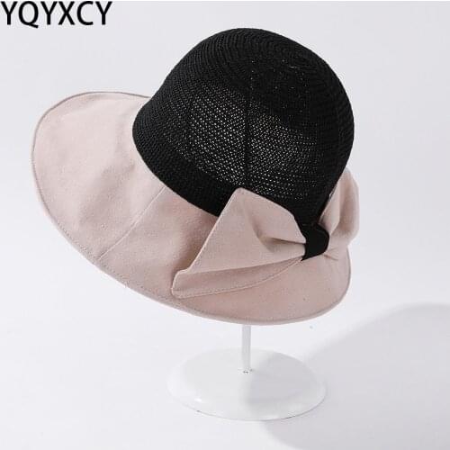 YQYXCY Summer Bucket Hat Women Outdoor Fisherman Cap Knitted Top Big Bow Sunhat Sunscreen Sunshade Gorros Korean Wide Brim