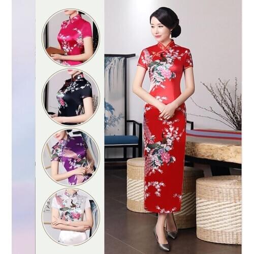 Women Chinese Short Sleeve Peacock Slitting Hem Cheongsam Banquet Midi Dress Daily Life Wear Chinese-style Short Dress Dress