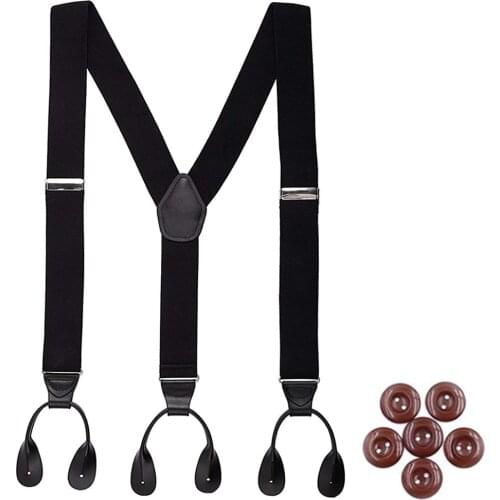 Vintage Suspenders for Men 3.5cm Width Button End Black Leather Trimmed Y Back Adjustable Elastic Trouser Braces Strap Belt