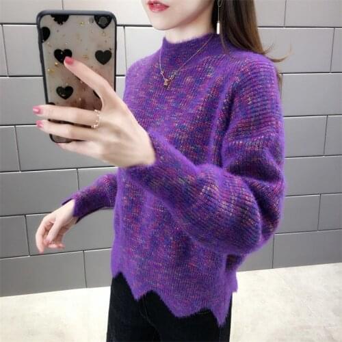 Half-high Collar Imitation Mink Fleece Pullover Womens Knitted Bottoming Shirt Korean Loose Warm Sweater Autumn Winter Tops