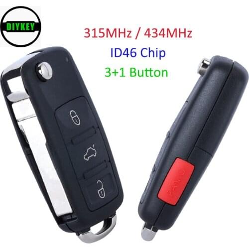 DIYKEY Flip Remote Key 3+1 Button for Volkswagen Touareg 2002 2003 2004 2005 2006 2007 2008 2009 2010 315MHz / 434MHz ID46 Chip
