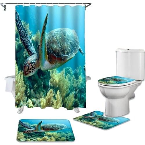 Blue Ocean Green Turtle Shower Curtain Set Carpet Cover Toilet Cover Bath Mat Home Decor Bathroom Curtain