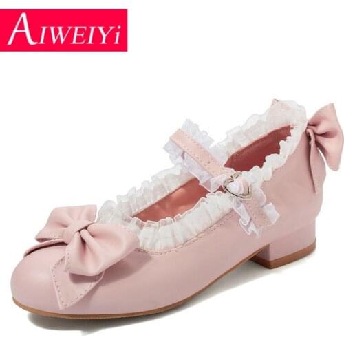 Women Low Heels Lolita Shoes Sweet Bow Lace Buckle Strap Design Princess High Heels Cosplay Uniform Shoes