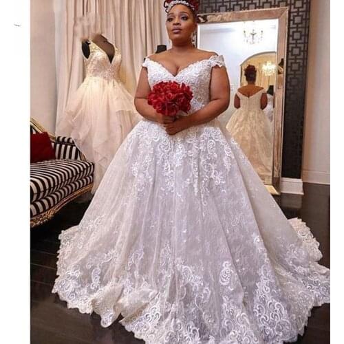 African Plus Size Ball Gowns Wedding Dresses Lace Off The Shoulder Applique Bridal Wear Chapel Train Vestido De Vintage