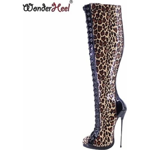 Wonderheel 16cm Ultra Thin heel Platform Extreme high heel Leopard Leather sexy Wonder Girls Nightclub Lace Up Knee High Boots