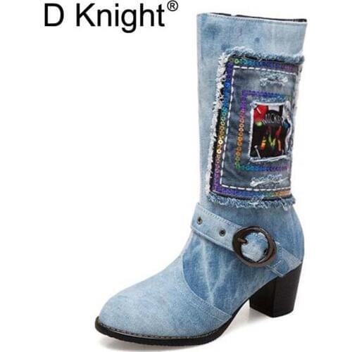 Fashion Women Short Boots Big Size 34-48 Round Toe Female Boots Denim Zipper Autumn Winter Retro Womens High Heels Boots Shoes