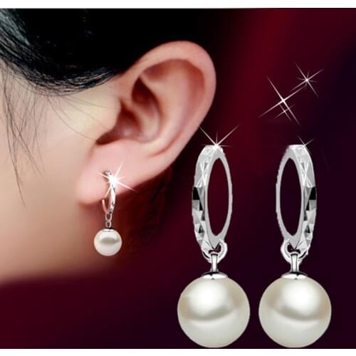 1 Pair New Arrival Girls10MM Elegant Silver Pearls Pendant Ear Silver Plated Earrings Jewelry Approx