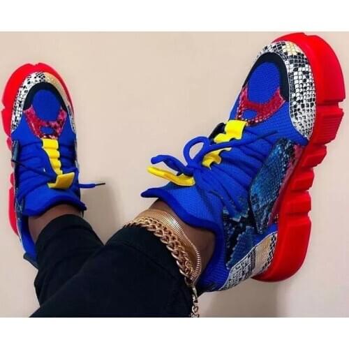 35-43 Shoes Woman Plus Size Womens Lace Color Block Round Head Thick Bottom Casual Luxury Designer Fashion Snake Pattern Mesh