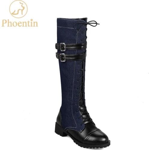 Phoentin lace-up knee high boots with zipper denim women shoes PU patchwork narrow band booties woman 2019 mixed colors FT456