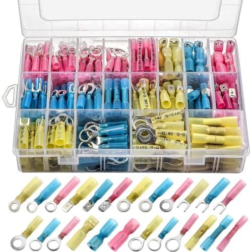 250Pcs Assorted Heat Shrink Ring Crimp Connectors Heat Shrinking Spade Butt Wire Connector Marine Automotive