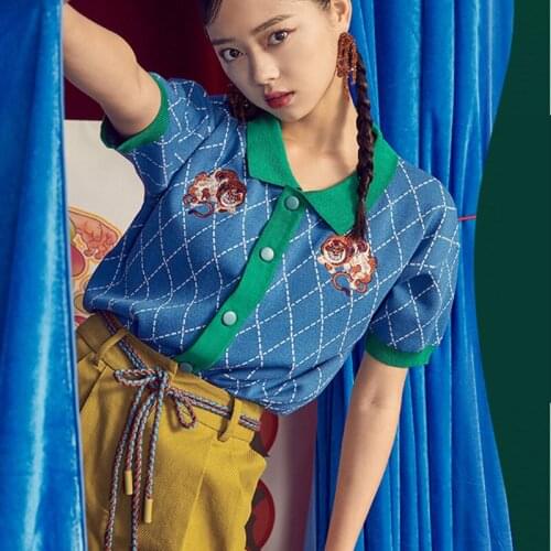 Retro Tiger Embroidery Korean Fashion Argyle Plaid Knitted Summer Tops Short Sleeve Buttons Up Shirts Blouse Office Lady Elegant