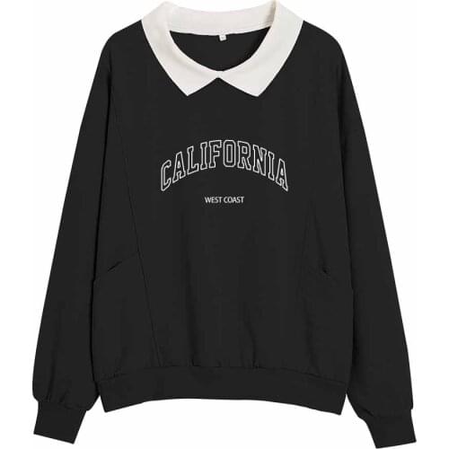 Black Sweatshirt Harajuku Collar Pullover Fashion Los Angeles California Letter Print Casual Long Sleeve Sweet Hoodie Warm Top