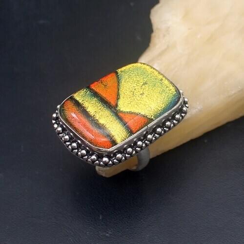 Elegant Unique Natural Dichroic Glass Silver Color Jewelry Band Ring For Women Size 8 HD226