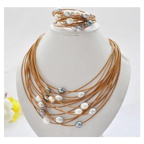 Elegant Handmade Real Pearl Jewelry Set 15 Rows 13mm White Black Gray Rice Freshwater Pearl Coffee Leather Necklace Bracelet