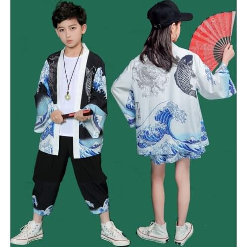 Childrens Kimono 3 Pieces Sets Boys Coat T-shirt Pant Girls Shirt Tee Skirts Hip Hop Tracksuits Kids Stage Show Clothing