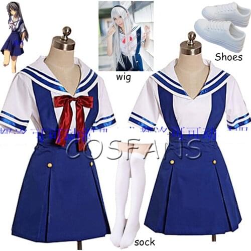 Game Clannad Cosplay After story Summer School Uniform Set Cos Halloween Party Costume Full set Shirt + Strap Skirt + Bow Tie