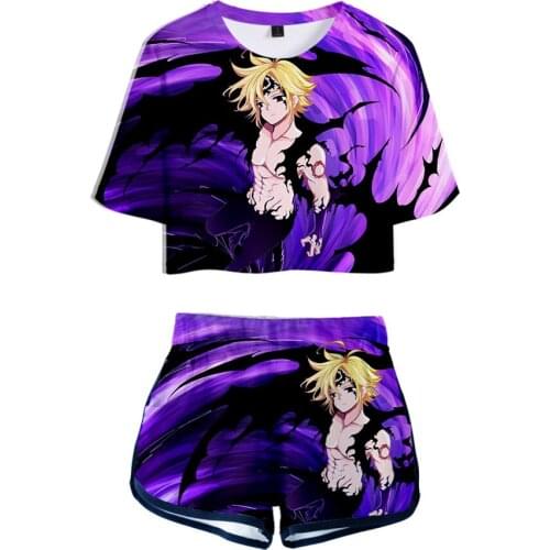New Anime The Seven Deadly Sins Nanatsu No Taizai Two Piece Set Sexy Cotton T shirt Woman Shorts and Crop Top Fashion Tracksuit