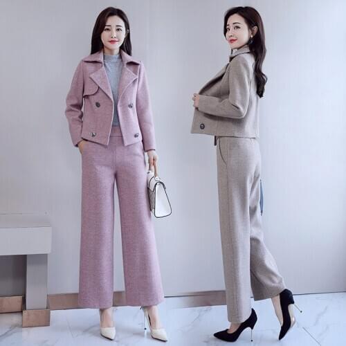 Fashion Womens Sets woolen Pants suit Womens winter new slim woolen jacket coat and wide-leg pants two-piece suit Womens